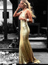 Mermaid V Neck Open Back Gold Sequined Prom Dress with Appliques LBQ0143